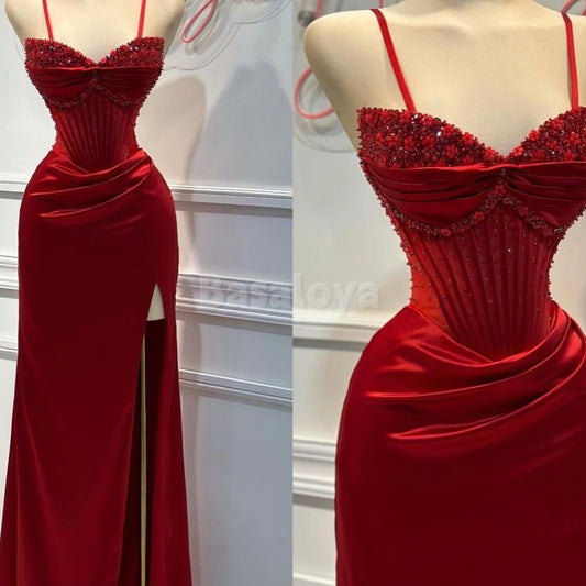 SP0043 Luxury Beaded Burgundy Sweetheart Sheath Satin Prom Dress with Slit