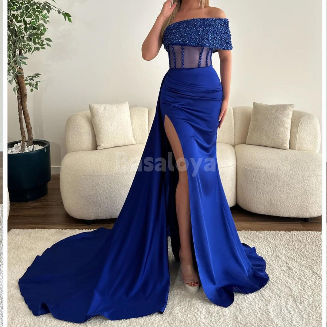 SP0019 Charming Royal Blue Beaded One Shoulder Sheath Satin Prom Dress with Slit