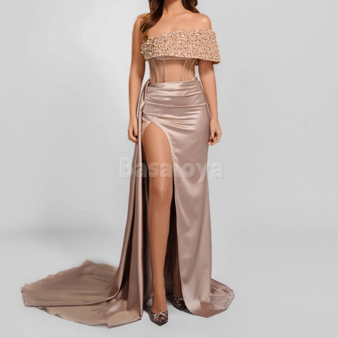 SP0019 Charming Royal Blue Beaded One Shoulder Sheath Satin Prom Dress with Slit
