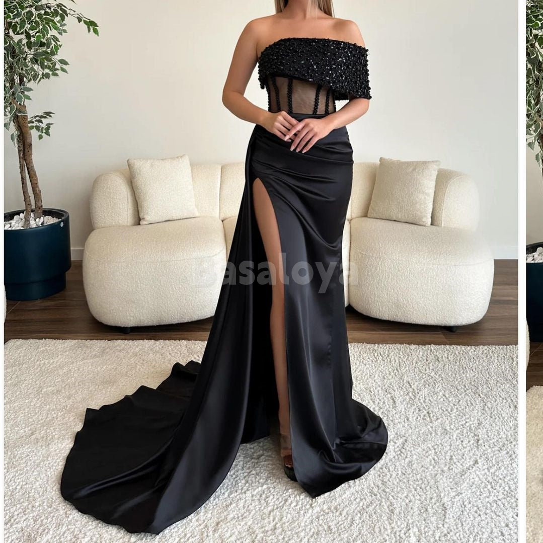 SP0019 Charming Royal Blue Beaded One Shoulder Sheath Satin Prom Dress with Slit