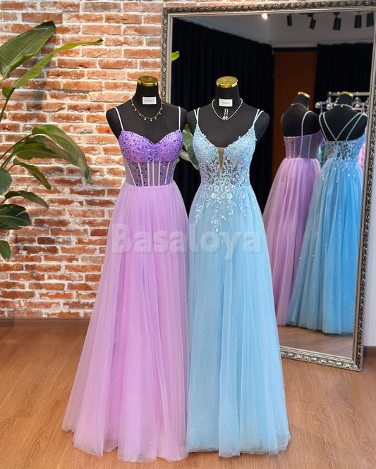 BM0015 Glamorous Spaghetti Straps A-Line Sequin Appliques Bridesmaid Gown