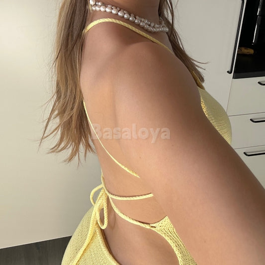 SP0033 Simple Yellow Spaghetti STraps Sheath Knit Prom Dress with Slit