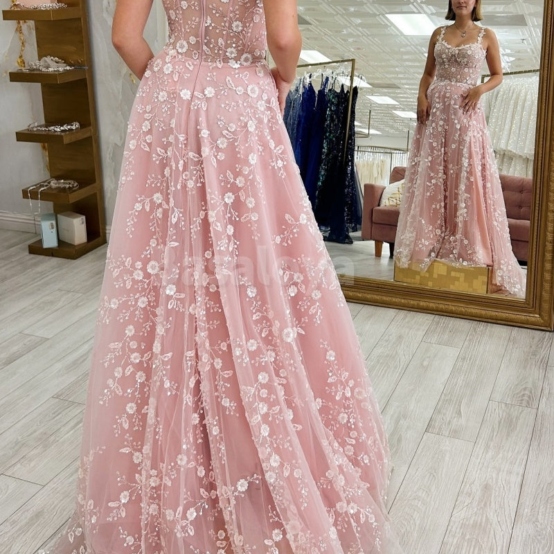 ED0024 Classic Pink Appliques A-Line Straps Pleats Lace Evening Dress