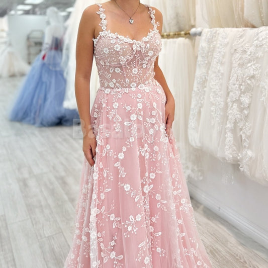 ED0024 Classic Pink Appliques A-Line Straps Pleats Lace Evening Dress