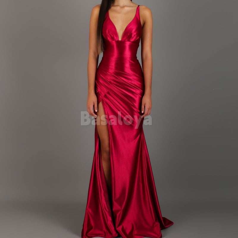 SP0037 Elegant Red V-Neck Straps Mermaid Satin Prom Dress with Slit