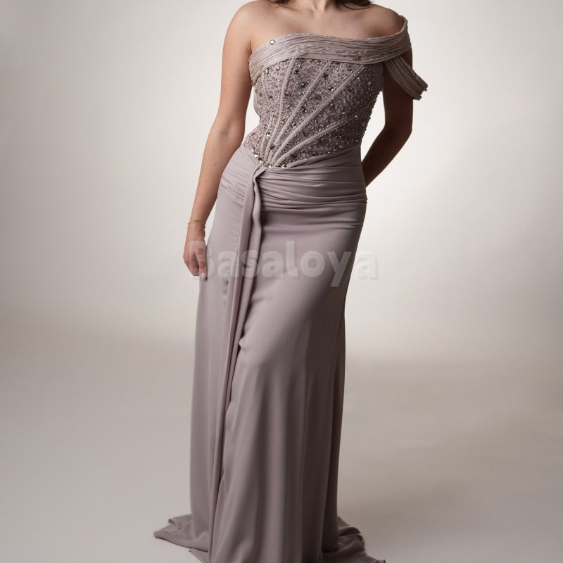 ED0033 Elegant One Shoulder Straight Pleated Evening Dress with Beaded