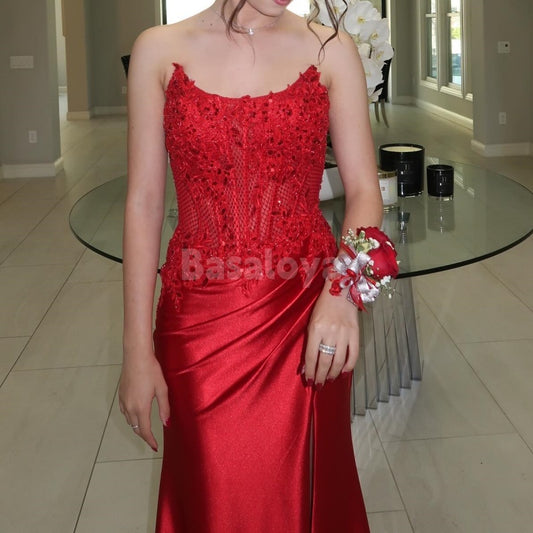 SP0040 Chic Red Strapless Sheath Satin Prom Dress with Appliques