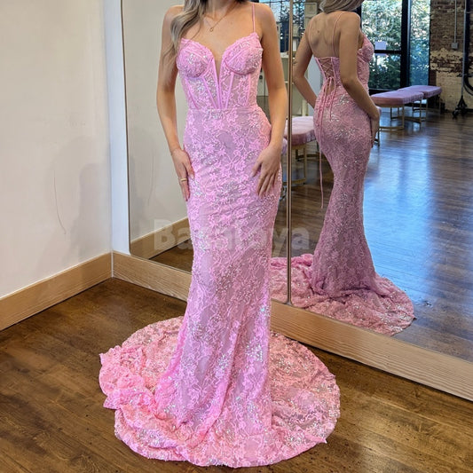 ED0027 Luxury Pink Sweetheart Mermaid Beaded Lace Evening Gown with Train