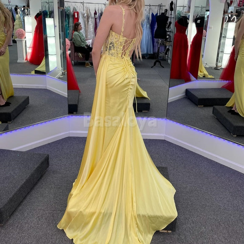 SP0031 Elegant Yellow Spaghetti Straps Sheath Prom Dress with Appliques