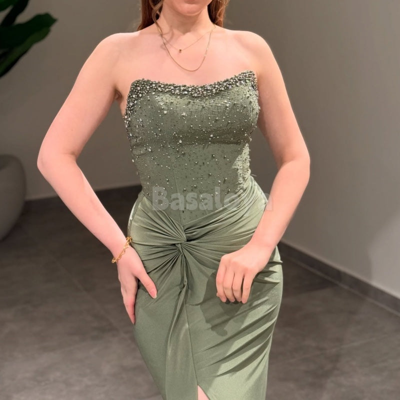 SP0025 Elegant Dark Navy Strapless Sheath Beads Satin Prom Dress with Slit