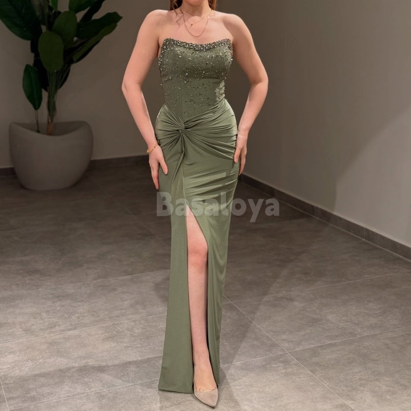 SP0025 Elegant Dark Navy Strapless Sheath Beads Satin Prom Dress with Slit