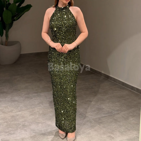 SP0021 Sparkly Black Halter Neck Sequined Sheath Prom Dress Party Gown
