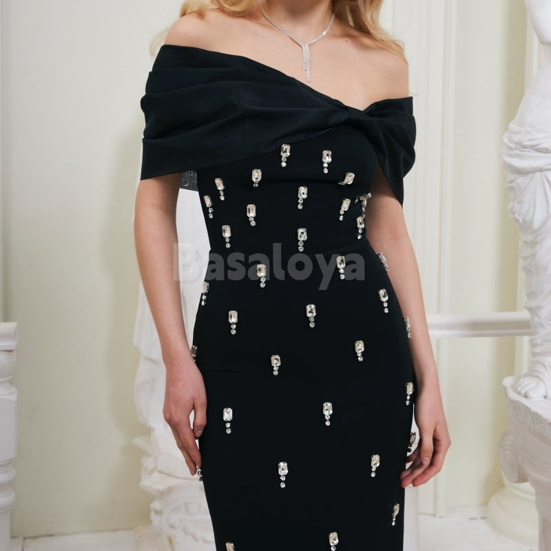 ED0011 Elegant Black Crystal Off-Shoulder Sheath Long Chiffon Evening Dress