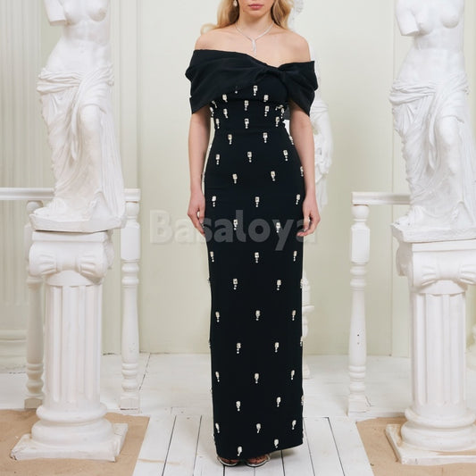 ED0011 Elegant Black Crystal Off-Shoulder Sheath Long Chiffon Evening Dress