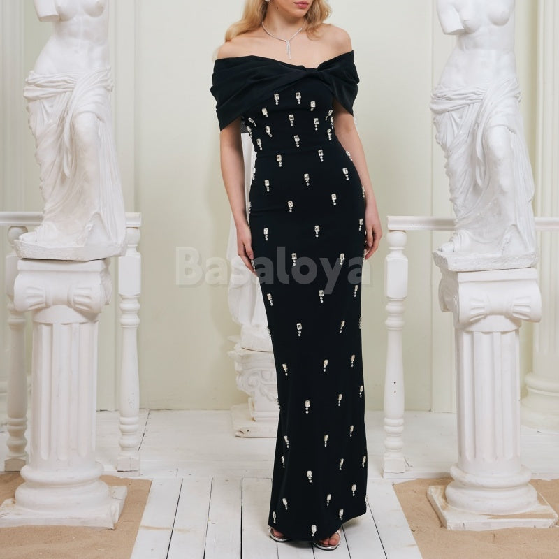 ED0011 Elegant Black Crystal Off-Shoulder Sheath Long Chiffon Evening Dress