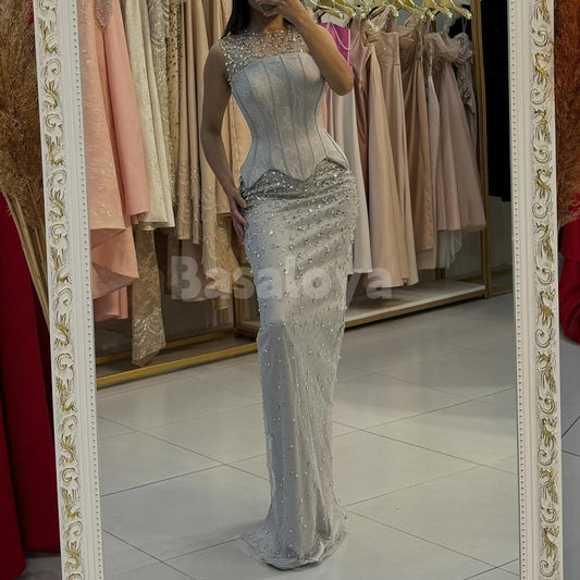 ED0005 Charming Crystal Sleeveless Sheath Lace Evening Dress Formal Gown