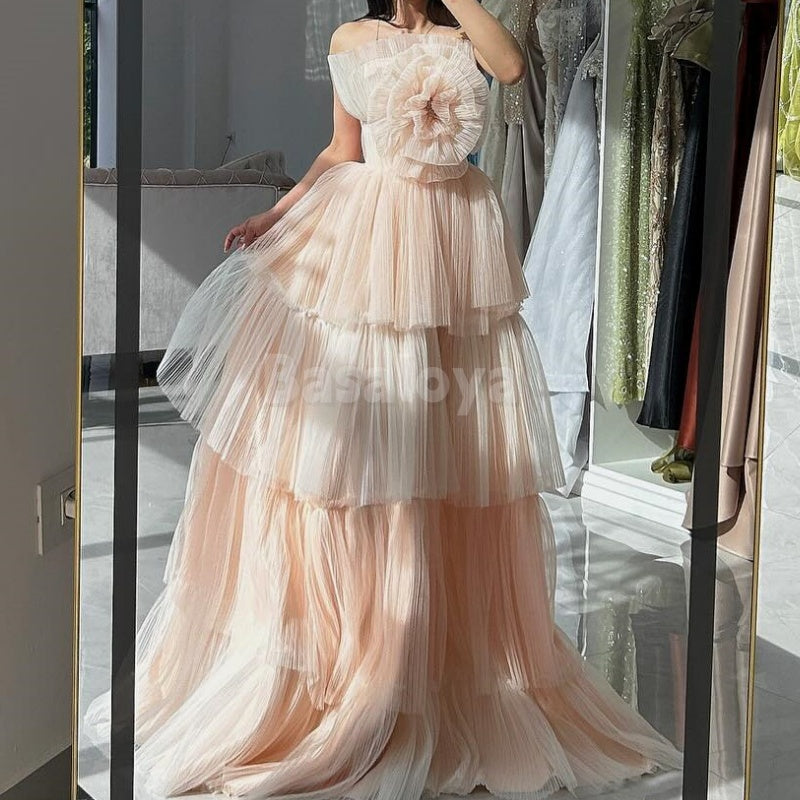 ED0004 Elegant Light Pink 3D Floral A-Line Tiered Lace Evening Prom Party Dress
