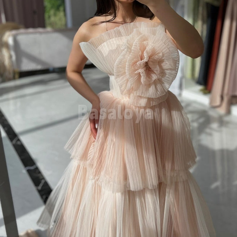 ED0004 Elegant Light Pink 3D Floral A-Line Tiered Lace Evening Prom Party Dress