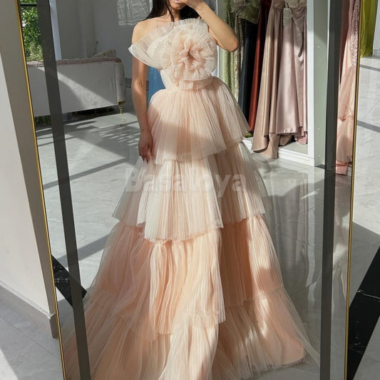 ED0004 Elegant Light Pink 3D Floral A-Line Tiered Lace Evening Prom Party Dress