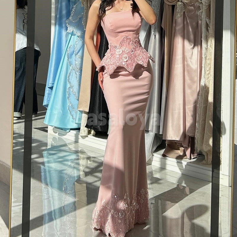 ED0023 Elegant 3D Beaded Floral Pink Strapless Mermaid Evening Dress