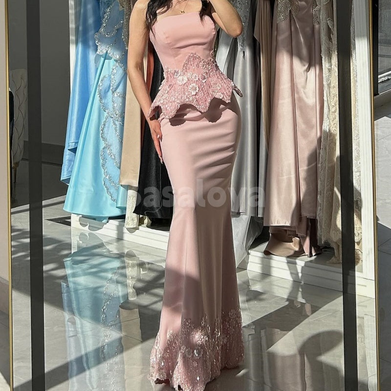 ED0023 Elegant 3D Beaded Floral Pink Strapless Mermaid Evening Dress