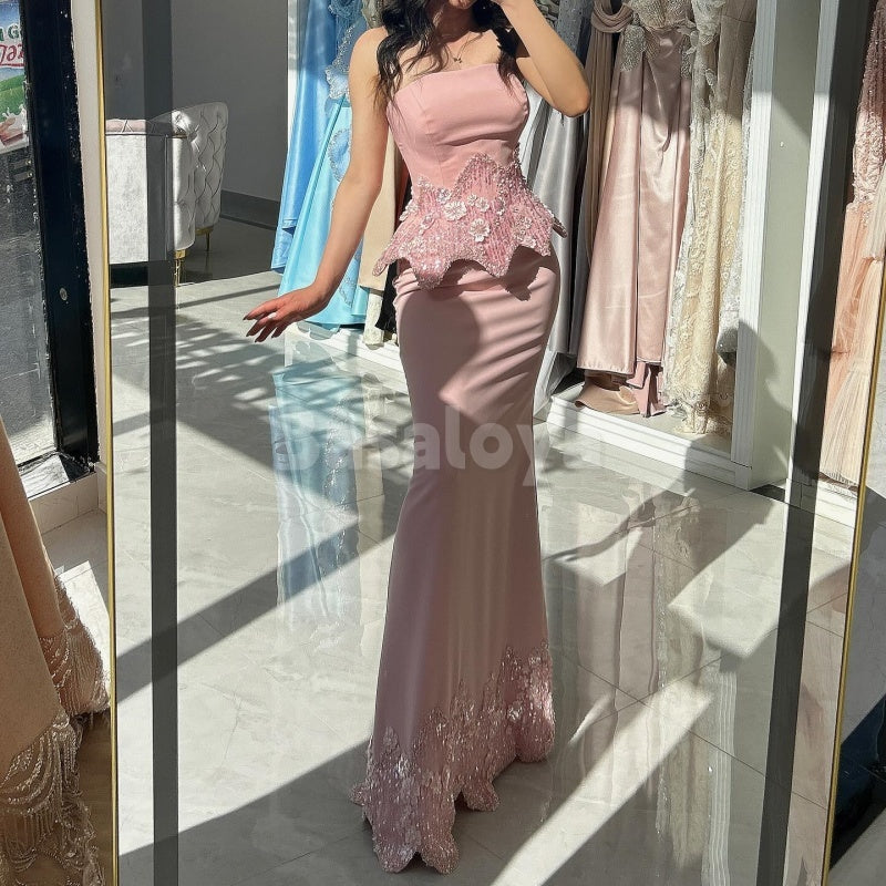 ED0023 Elegant 3D Beaded Floral Pink Strapless Mermaid Evening Dress