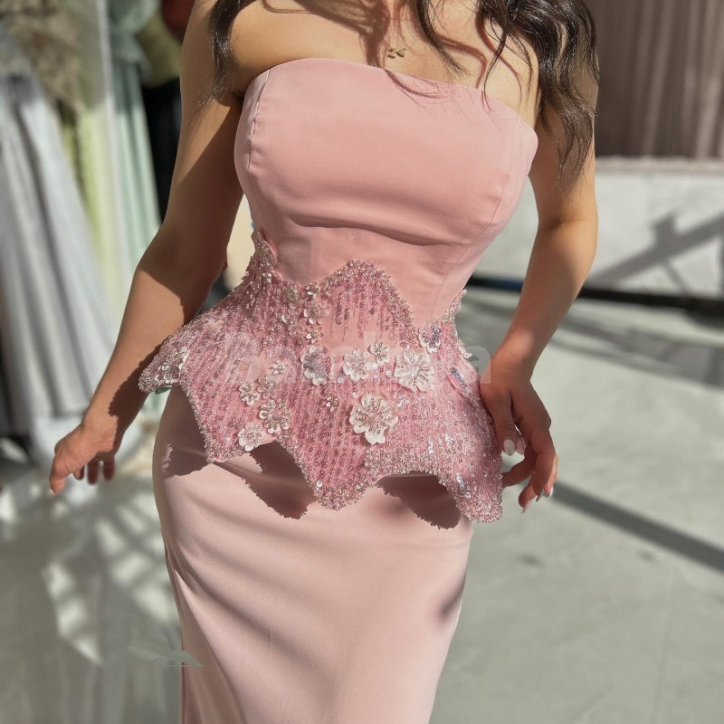 ED0023 Elegant 3D Beaded Floral Pink Strapless Mermaid Evening Dress