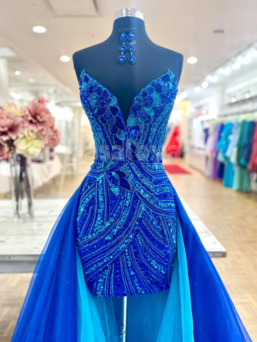 HM0045 Luxury Royal Blue V-Neck Bodycon Mini Sequin Party Gown with Train