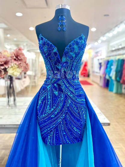 HM0045 Luxury Royal Blue V-Neck Bodycon Mini Sequin Party Gown with Train
