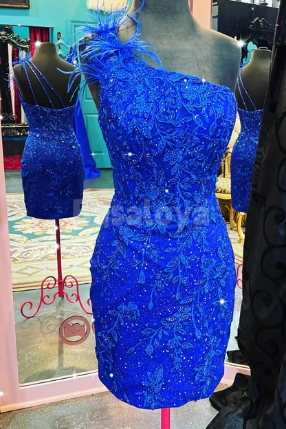 HM0155 Luxury Beaded Royal Blue One Shoulder Short Party Dress with Feather