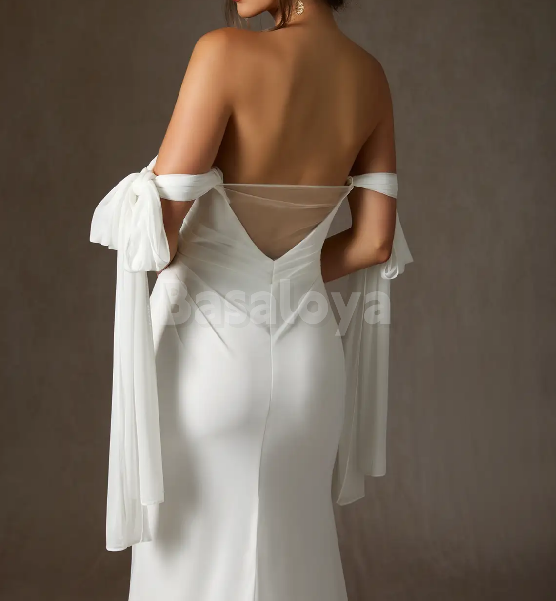 WD0107 Simple White Off-Shoulder Mermaid Bow Wedding Dress with Train