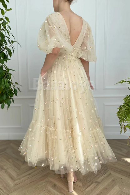 SP0200 Gorgeous Champagne A-Line V-Neck Half Sleeves Prom Dress