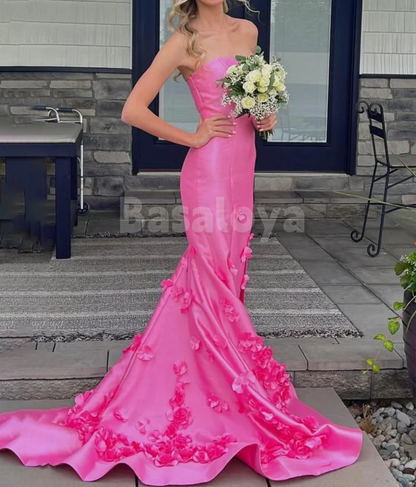 SP0197 Elegant 3D Floral Pink Strapless Mermaid Prom Dress with Train