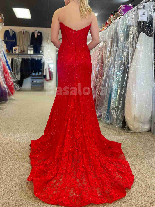 SP0143 Elegant Red Strapless Sheath Side Slit Prom Dress with Train