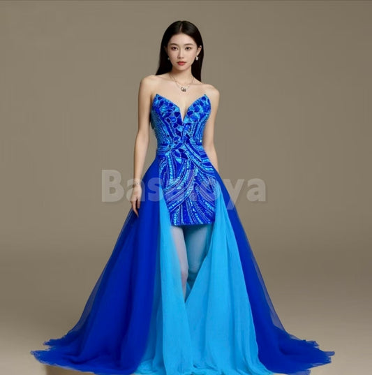 HM0045 Luxury Royal Blue V-Neck Bodycon Mini Sequin Party Gown with Train