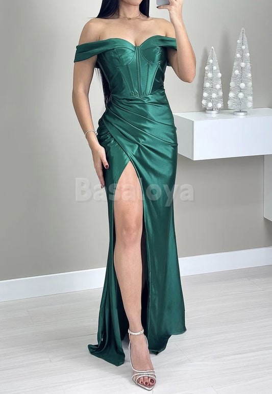 SP0106 Classic Green Off-Shoulder Sheath Pleated Prom Dress with Slit
