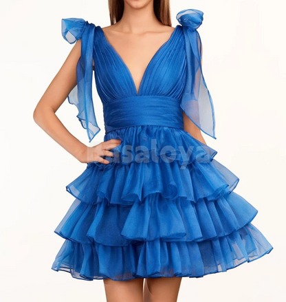 HM0135 Classic Black V-Neck A-Line Tiered Homecoming Gown with Bows