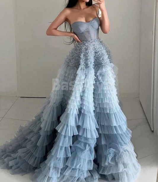 SP0186 Elegant Blue Sweetheart A-Line Tiered Lace Ball Gown Prom Dress