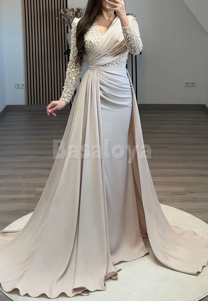ED0066 Luxury Pearls Navy V-Neck Long Sleeves Evening Gown with Overskirt