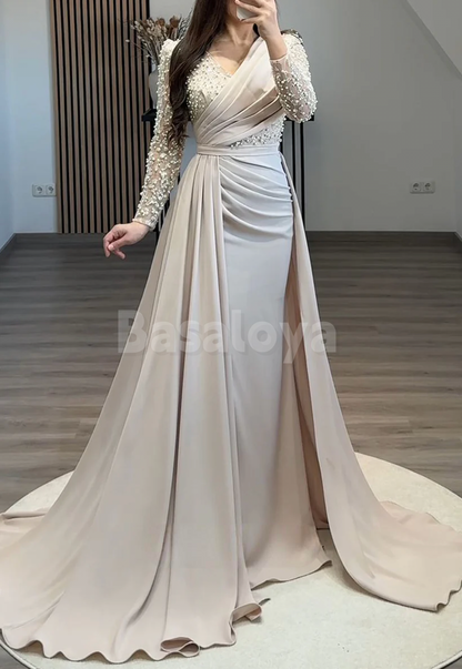 ED0066 Luxury Pearls Navy V-Neck Long Sleeves Evening Gown with Overskirt