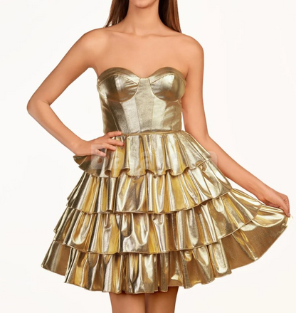 HM0133 Glamorous Gold Sweetheart A-Line Metallic Tiered Party Gowns