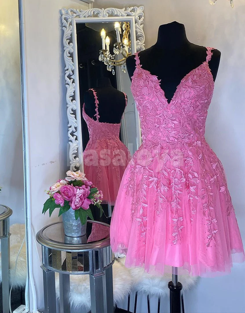 HM0138 Elegant Pink V-Neck A-Line Beaded Homecoming Dress with Appliques