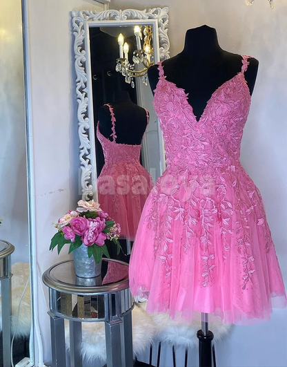 HM0138 Elegant Pink V-Neck A-Line Beaded Homecoming Dress with Appliques
