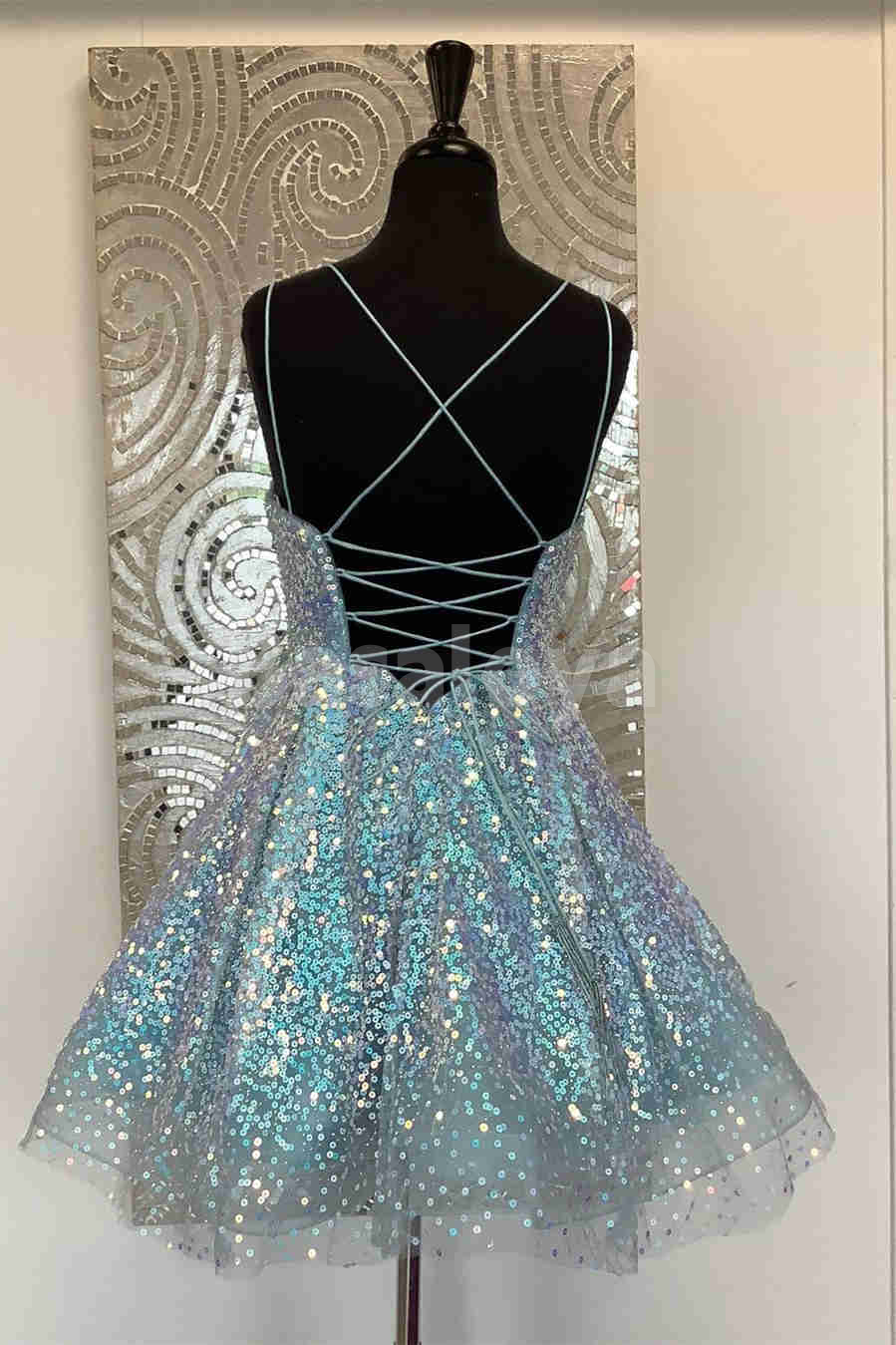 HM0141 Stunning Blue Spaghetti Straps A-Line Sequined Homecoming Gown