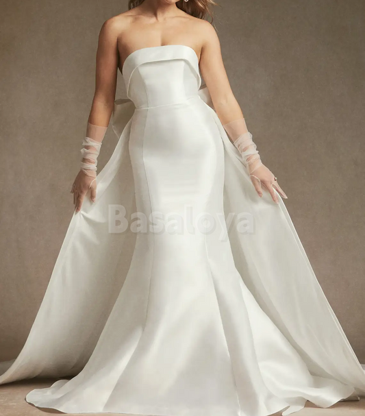 WD0101 Glamorous Strapless Mermaid Bow Overskirt Wedding Dress with Gloves
