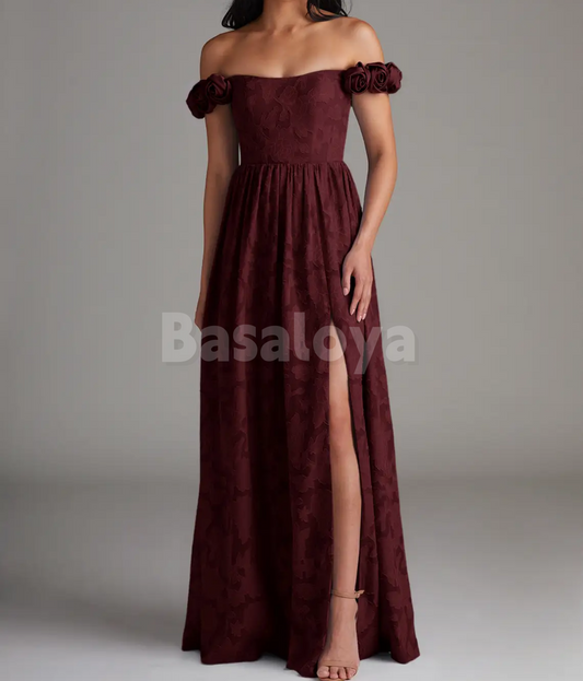 SP0252 Gorgeous 3D Floral Burgundy Off-Shoulder A-Line Prom Formal Gown