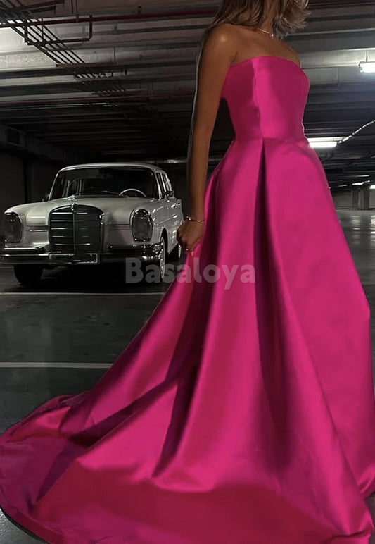 SP0086 Classic Fuchsia A-Line Strapless Satin Long Prom Dress with Train