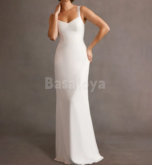 WD0108 Classic White V-Neck Bodycon Satin Wedding Dress Boho Gowns