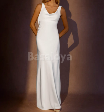WD0099 Simple V-Neck Straps Sheath Satin Bridal Gown Boho Wedding Dress