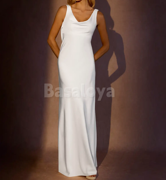 WD0099 Simple V-Neck Straps Sheath Satin Bridal Gown Boho Wedding Dress